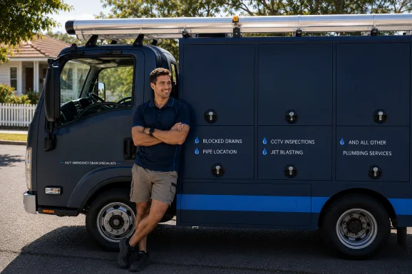 Plumber standing beside a service van in Greendale