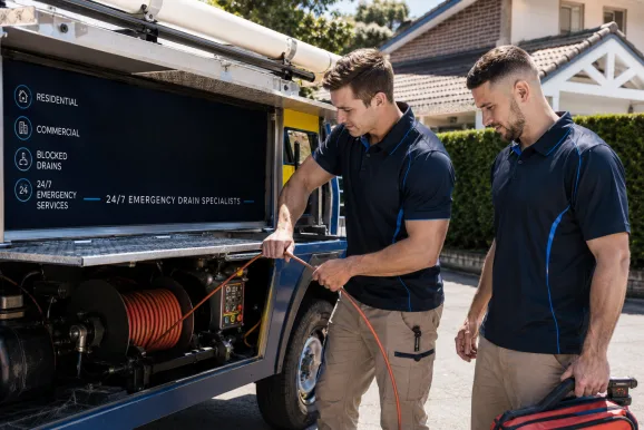 Two plumbers working on a blocked drain in Greendale