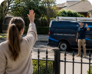 Customer waving goodbye to a Greendale Blocked Drains plumber